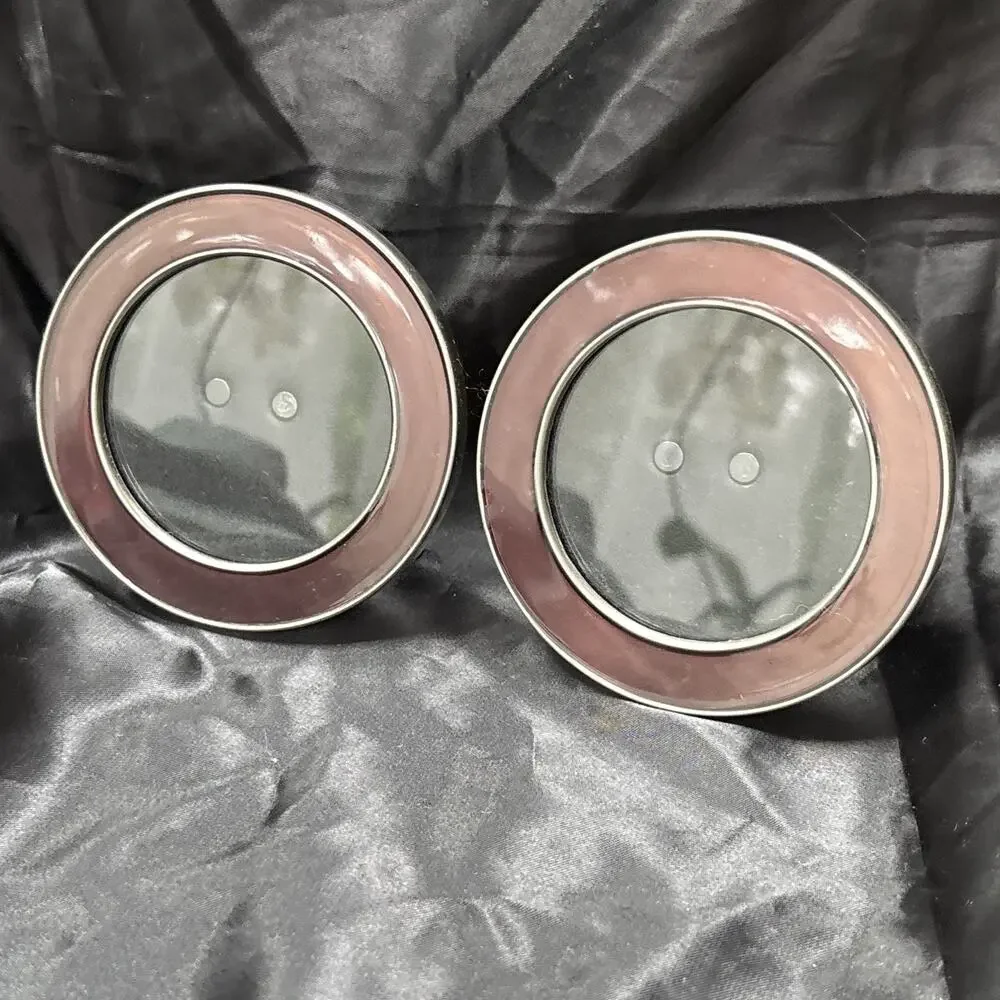 2 Pottery Barn Round Ginny Photo Frame 3”x3” Brushed Silver w/ Purple Enamel